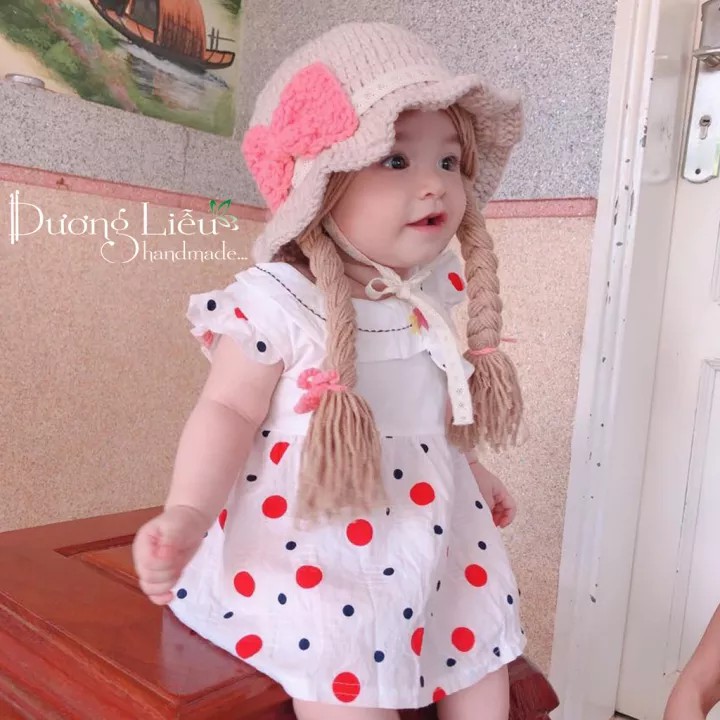 Nón len handmade có 2 bím tóc cho bé (nhiều mẫu mới)