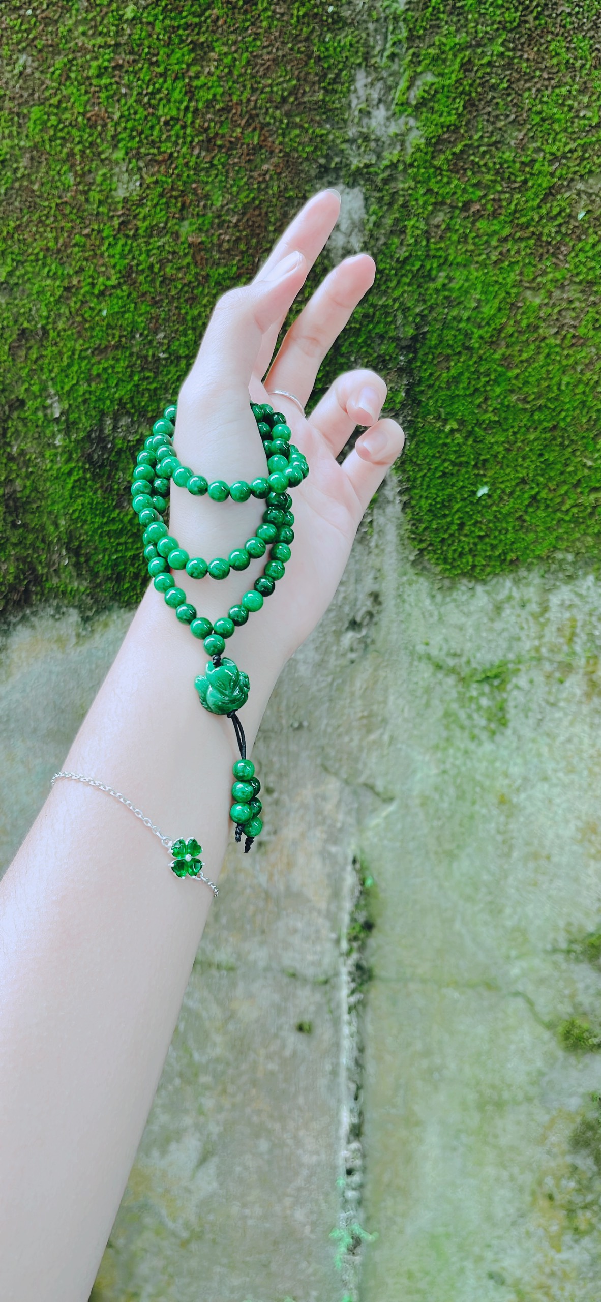 Vòng tay hồ ly ngọc cẩm thạch c thiên nhiên chuỗi 108 hạt _ freesize _ 6 ly