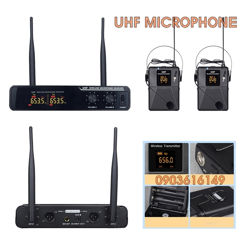 Micro không dây 2 Người Đeo Tai cài áo choàng đầu sóng UHF