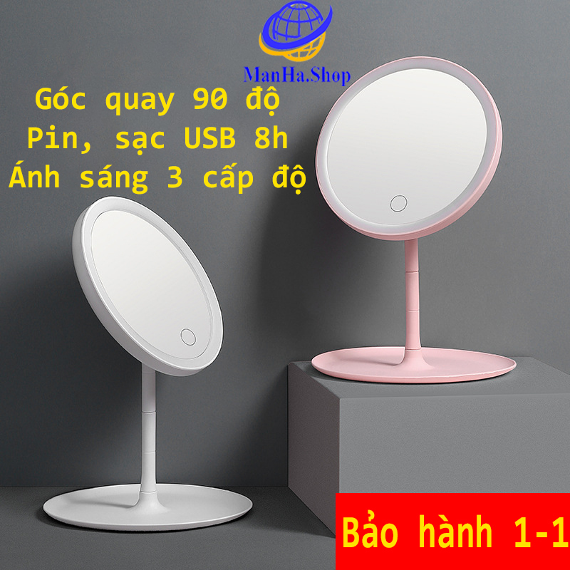 Gương trang điểm có đèn led ánh sáng 3 cấp độ, Gương trang điểm pin sạc USB, Bảo hành 1-1 giá rẻ
