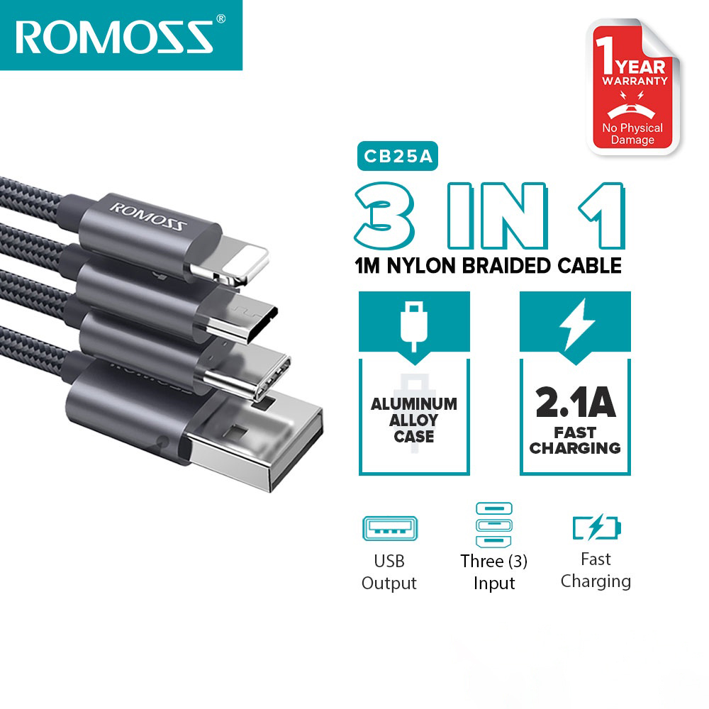 Romoss cb25a cáp sạc nhanh 3 trong 1 đa năng 2.1a lightning sang type-c micro usb siêu bền