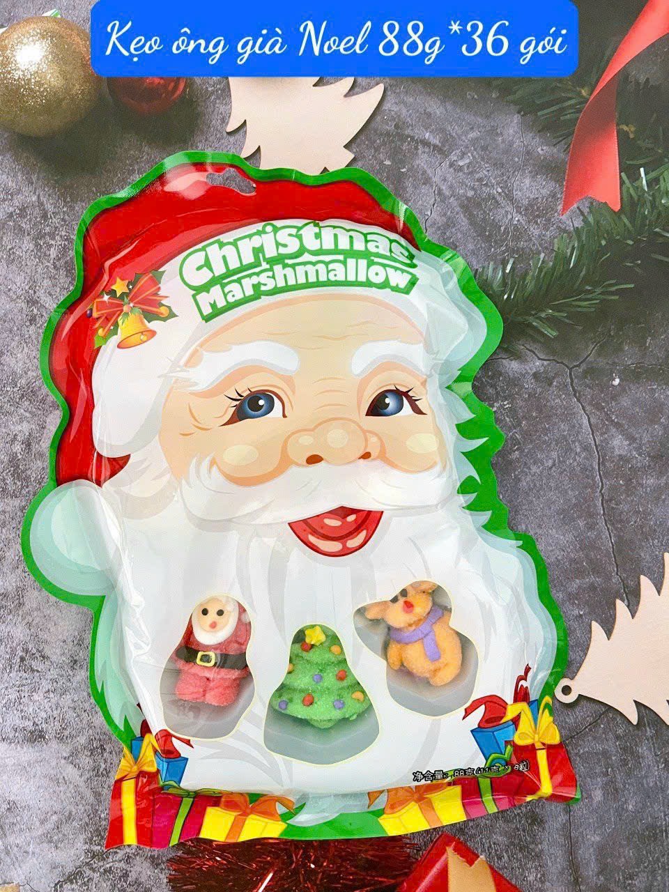 Kẹo bông dẻo noel,kẹo dẻo giáng sinh hình ông già noel,cây thông noel ,người tuyết,mũ noel 88gr