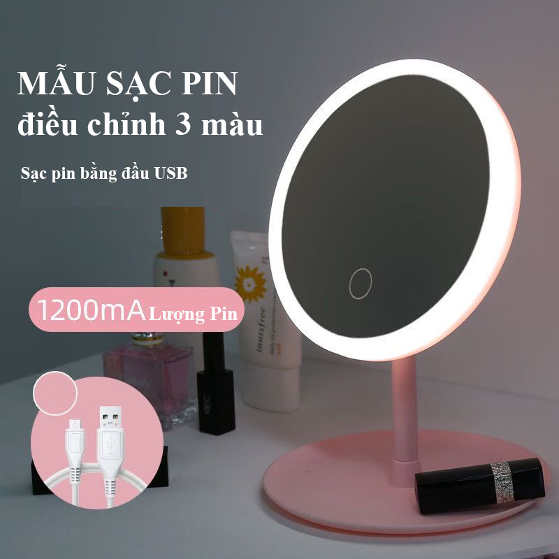 Gương trang điểm có đèn led - Gương trang điểm có đèn LED tròn cảm ứng 3 chế độ sáng, Gương trang điểm - Gương cảm ứng phụ kiện làm đẹp cho các chị em ( Màu Ngẫu Nhiên)