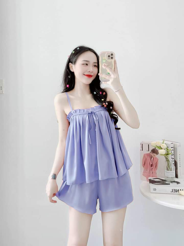 Đồ Bộ Đùi Dây Phối Ren Vải Phi Lụa Mềm Mại  Freesize 45-57kg Đồ Bộ Đùi Vải Phi Lụa Mềm Mát