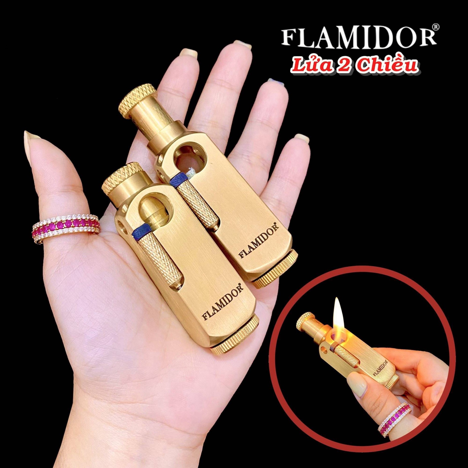 BẬT LỬA XĂNG ĐÁ KIM LOẠI NGUYÊN KHỐI FLAMIDOR LỬA 2 CHIỀU