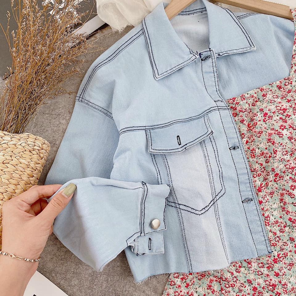 [HCM]Set đầm 2s hoa + khoác crop jean ??