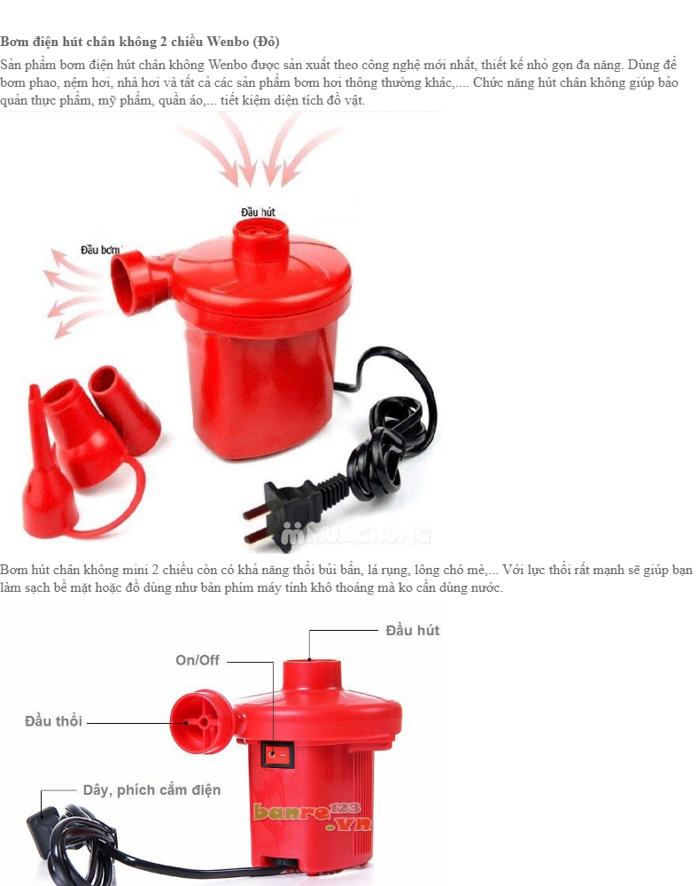 Bơm điện 2 chiều bơm và hút chân không (Đỏ)