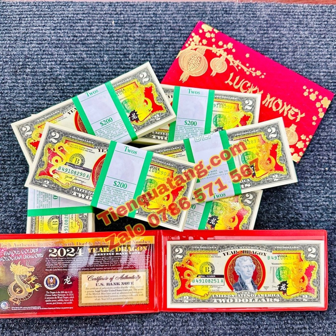 Set 5 Bộ Tiền 2 Đô Hình Con Rồng Quà Tặng Tết Giáp Thìn 2024 Quà Tặng Phong Thủy