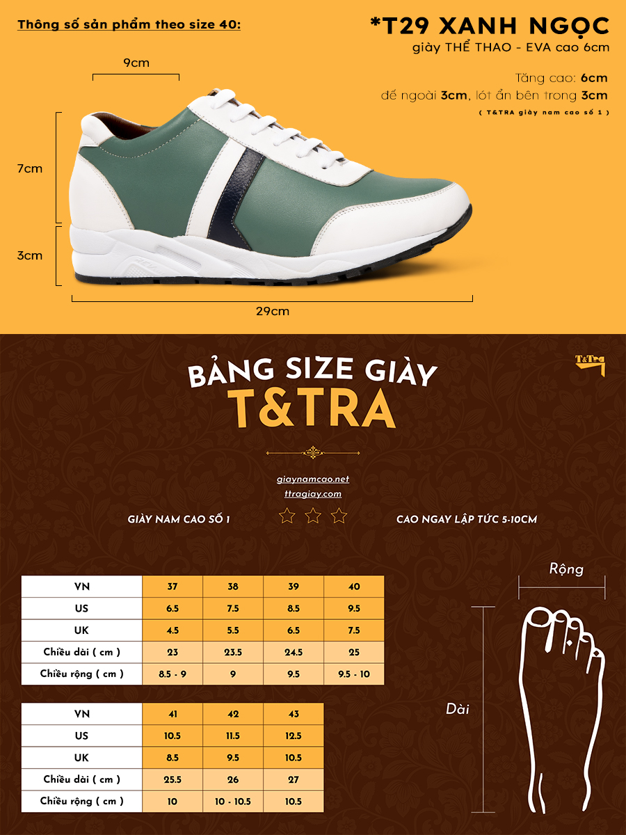Giày Cao Nam T&TRA T29 Xanh Ngọc cao 6CM