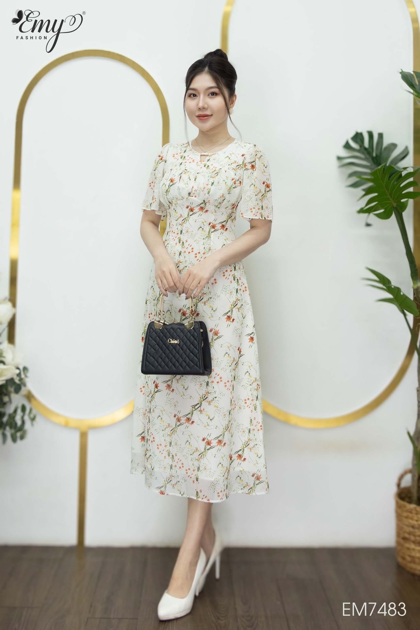 Đầm EMY EM7483 Xoè A Midi Nhún Cúp Ngực