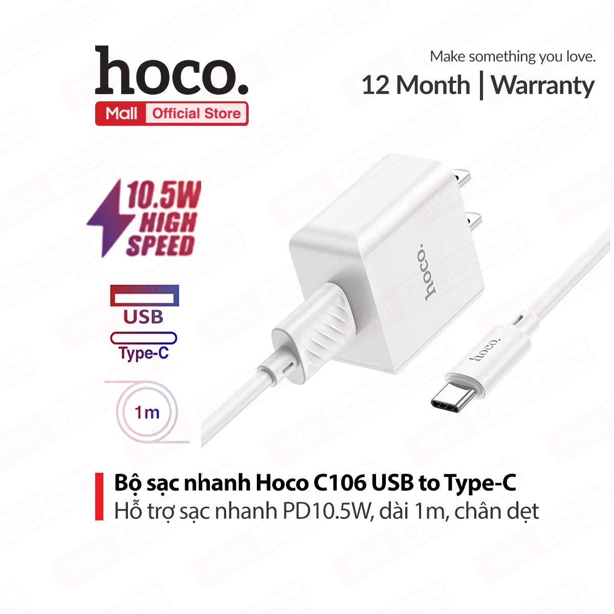 Bộ sạc nhanh hoco c106 pd10.5w 5v/2.1a ,chân cắm dẹt tiêu chuẩn us kèm dây type-c dài 1m cho android