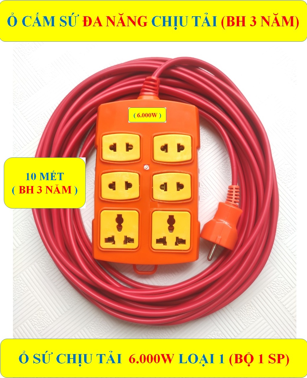 Ổ cắm điện CHỊU TẢI CAO 6.000W đa năng CAO CẤP + Dây 10 MÉT + (BH 3 NĂM) HÀNG LOẠI 1 CAO CẤP + 6 lỗ cắm SỨ chịu tải chịu nhiệt + Đèn LED báo (bộ 1 sản phẩm)