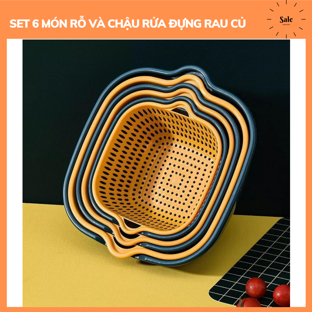 Set 6 món rổ kèm chậu bộ 3 rổ và chậu, thau nhựa rửa và đựng rau củ quả dáng vuông chất liệu pp, set 6 món rổ và chậu