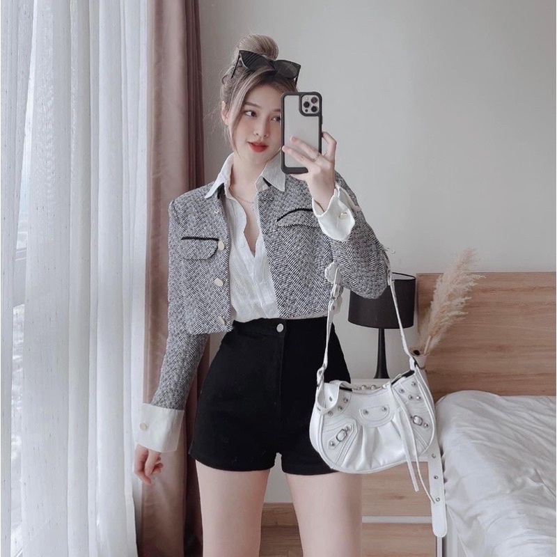Quần short jeans kaki cạp cao