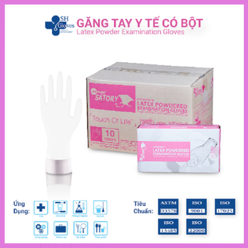 Găng tay có bột cao cấp Satory (Latex Powdered Gloves) Găng tay Thái Lan hộp 100 cái Màu trắng