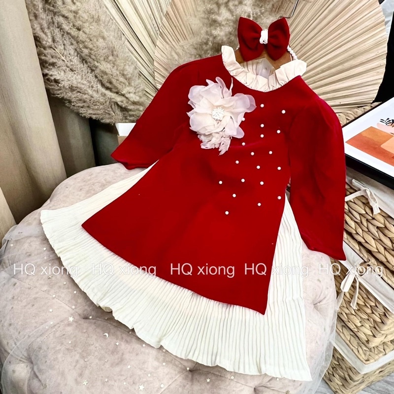 Áo dài Nhung 3 bông hoa cao cấp cho bé gái 10-23kg