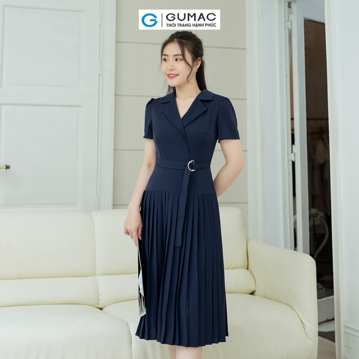 Đầm nữ dáng A cổ danton GUMAC DD08016 dập ly, eo phối dây khoen kiểu