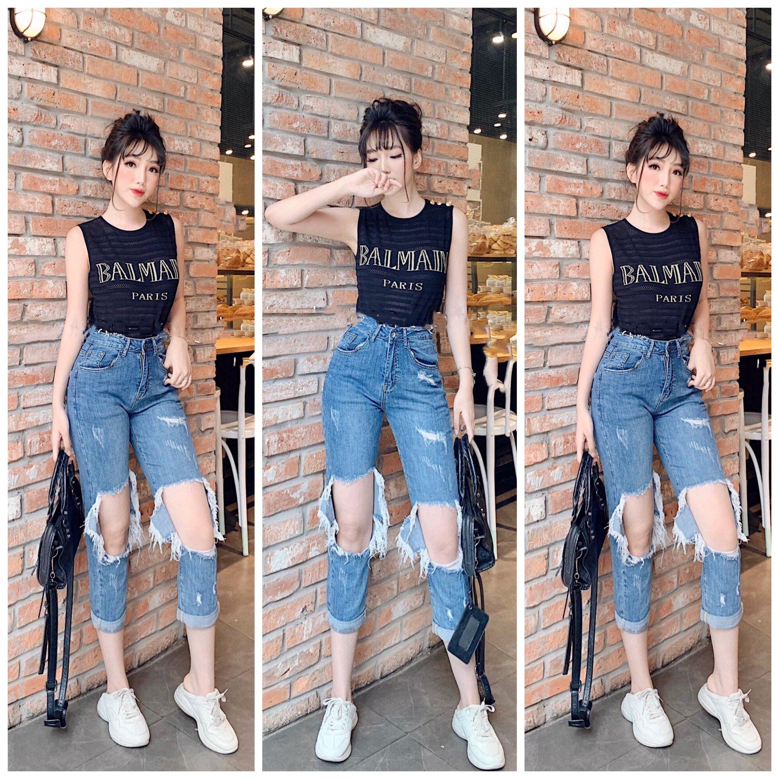 [HCM]Quần jean BIG SIZE rách lủng gối lưng siêu cao co dãn mạnh bụi bặm cá tính 3102 - MoliJeans