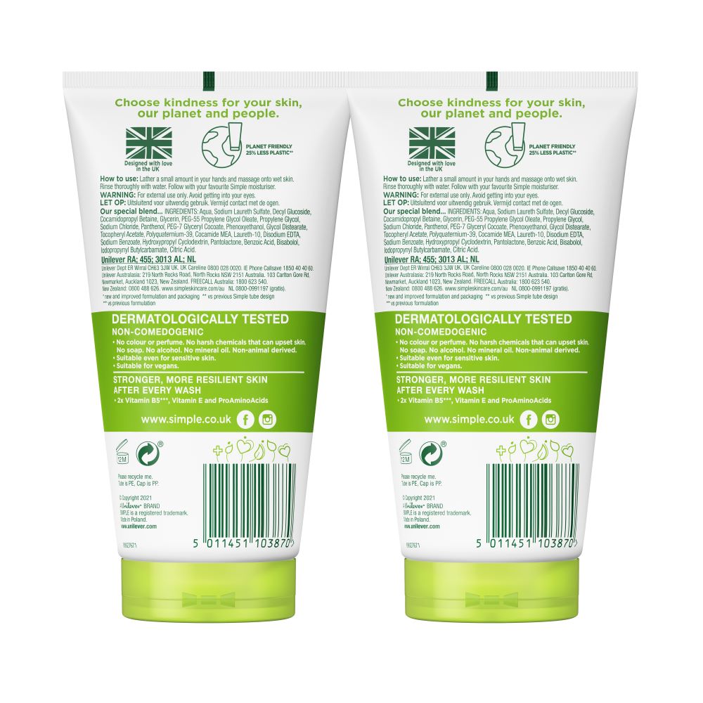 Combo 2 Sữa rửa mặt Simple sạch sâu hiệu quả - cho da thường 150ml