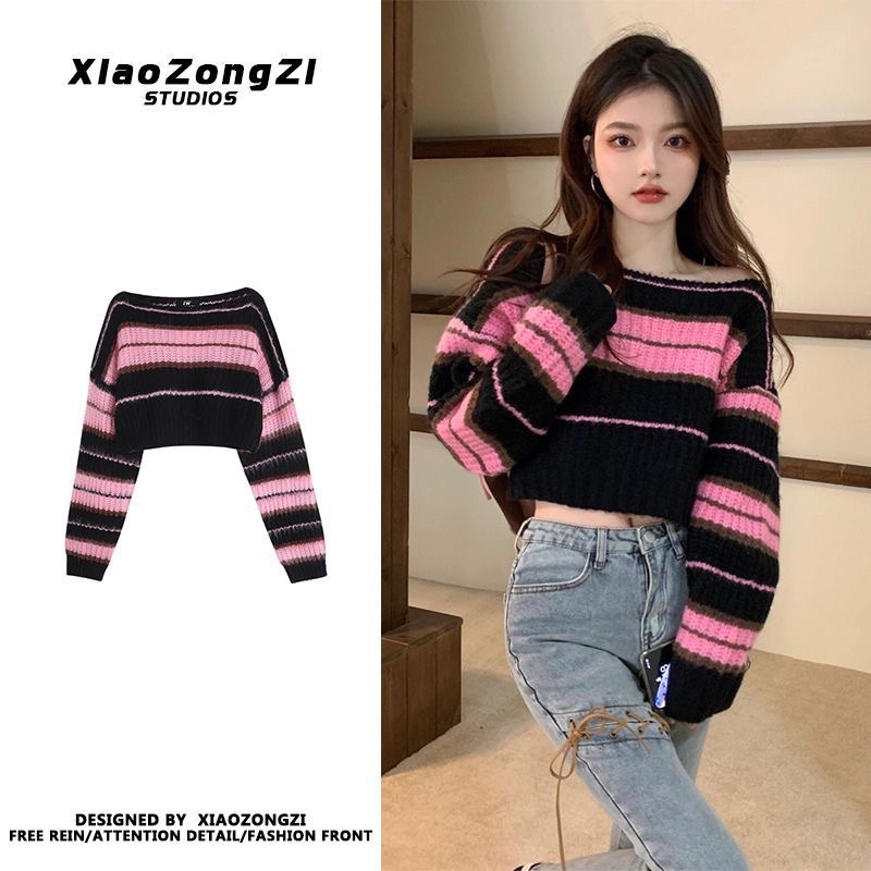 Freeship áo len crotop sọc hồng đen ullazang