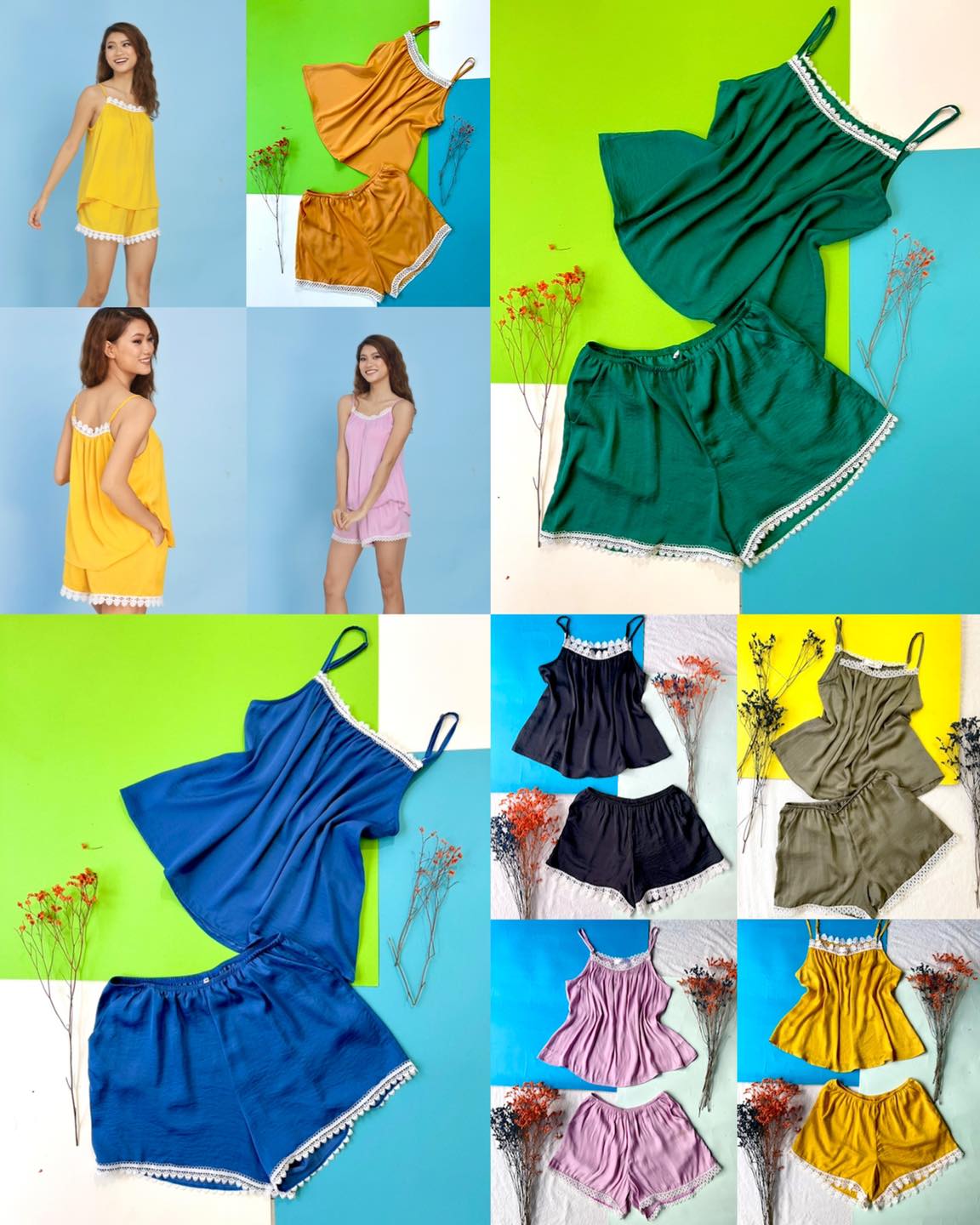 Đồ Bộ lụa 2 dây mặc nhà viền ren Infashion