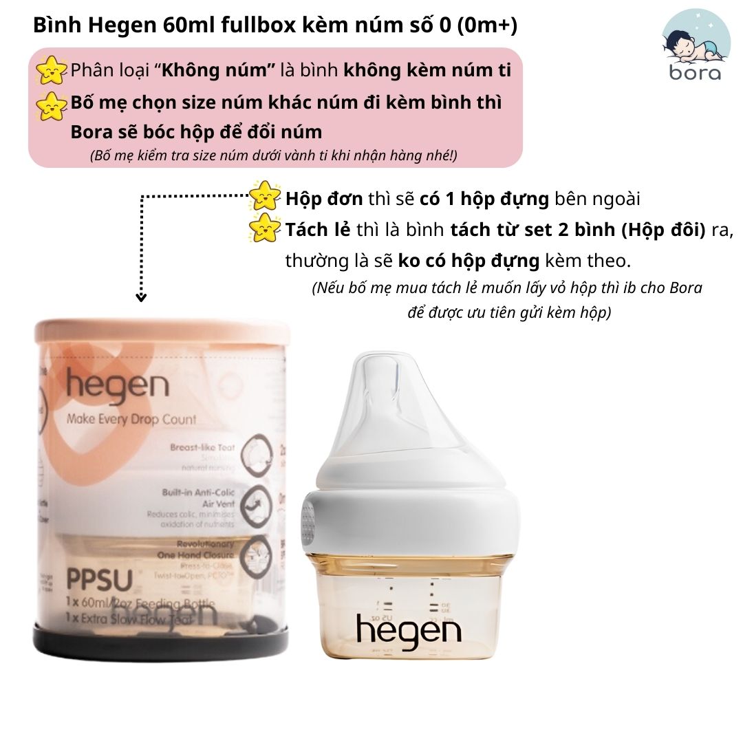 Bình sữa Hegen cao cấp 60ml 150ml 240ml 330ml, được chọn núm, cam kết chính hãng
