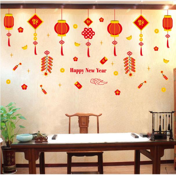 [HCM]Decal Trang Trí Tết - Rèm Dây Lồng Đèn Và Pháo Nổ Mini. Decal in trên chất liệu PVC có keo sẵn ở mặt sau chỉ cần lột ra và dán có thể lau chùi bằng nước công nghệ in rõ nét không bay màu.