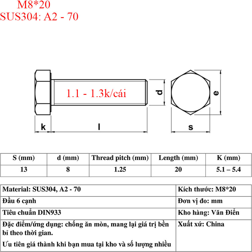 Bulong M8*20. DIN 933, SUS304 (10 cái)