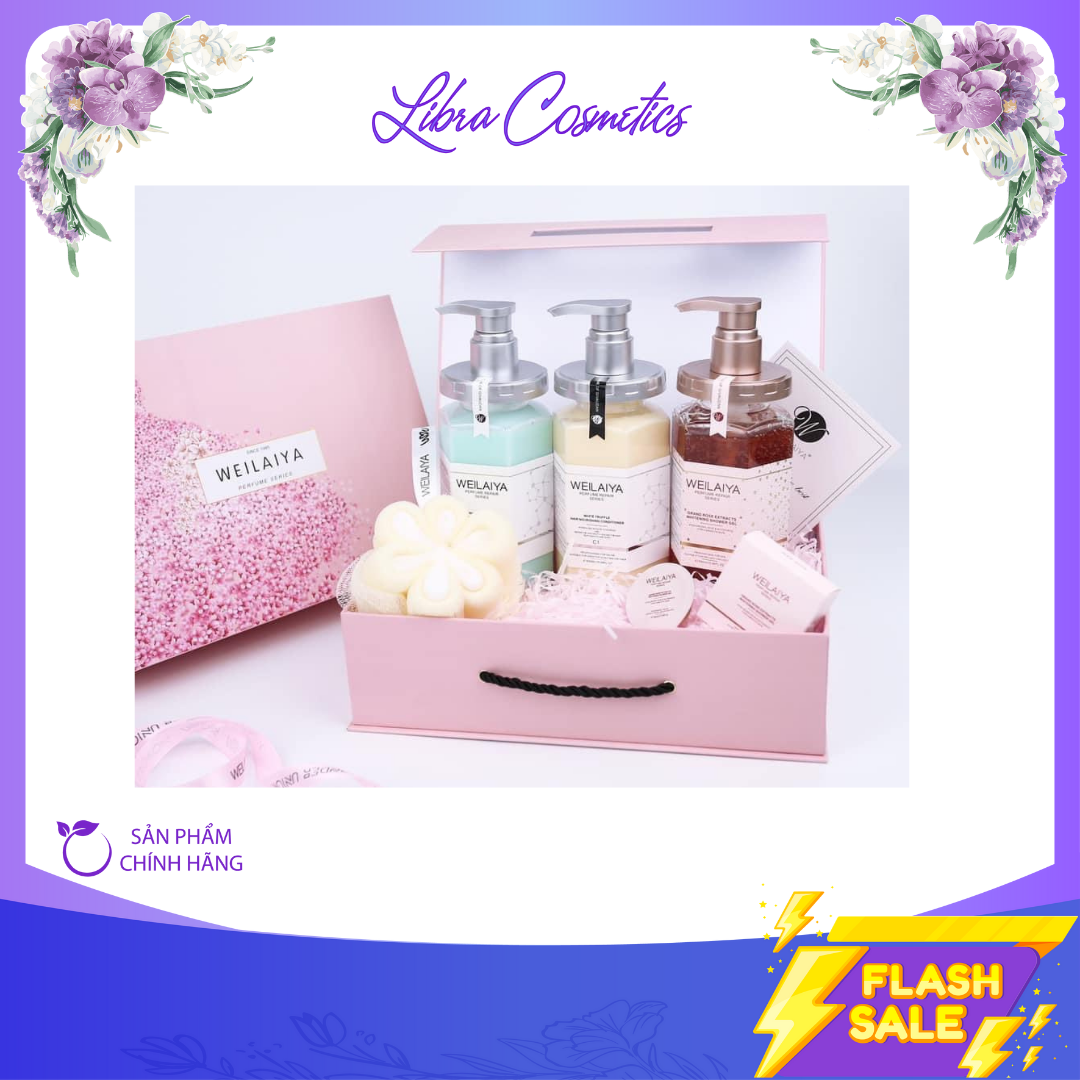 Set quà tặng sữa tắm trắng da cánh hoa hồng damask và cặp gội xả phục hồi tóc hư tổn Weilaiya