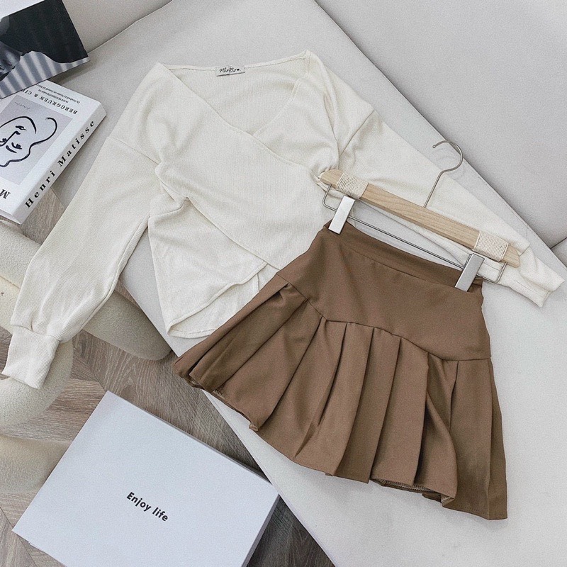Áo len nữ dài tay cách điệu trễ vai vạt chéo  Áo chất bozip co dãn phong cách hàn quốc quyến rũ 1STCLOTHES