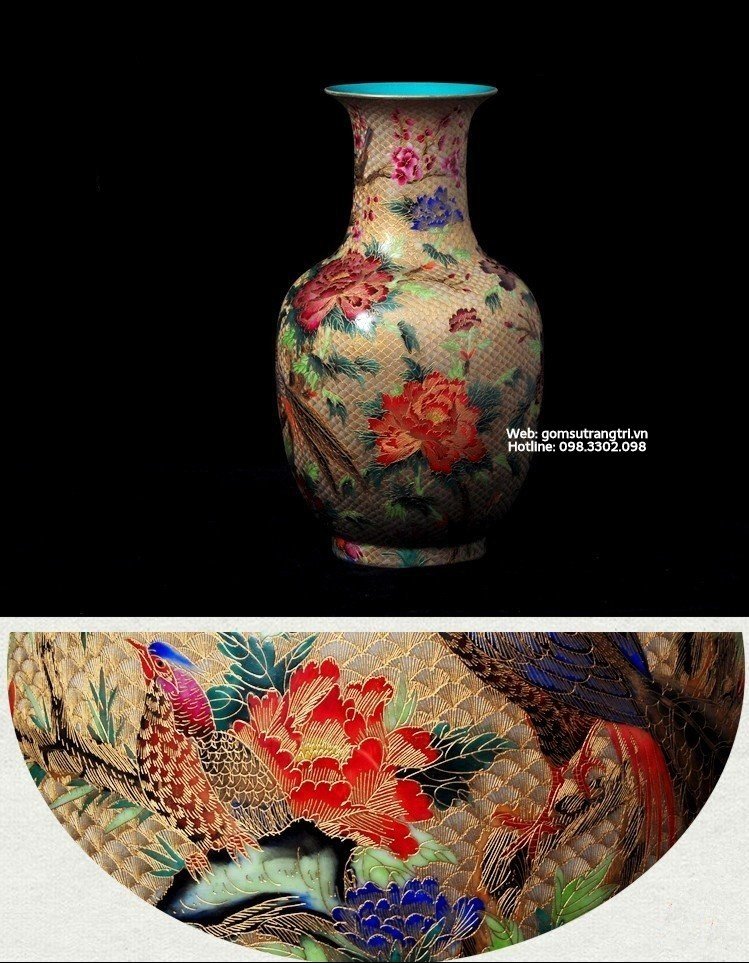 Bình Vẽ Tay Chim Trĩ - Hoa Mẫu Đơn