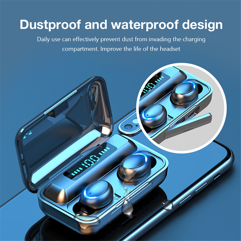 Tai nghe Bluetooth Không dây F9 Pro 5.0 TWS, Mẫu mới, Thiết kế cao cấp, Cảm ứng Vân tay, HIển thị Pin, Chống nước, pin trâu sạc nhanh chống nước
