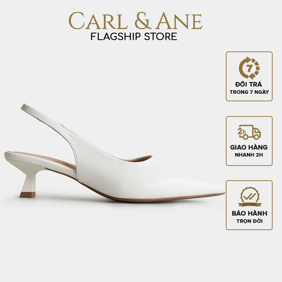Carl & Ane - Giày cao gót nữ dáng Slingback mũi nhọn phong cách thanh lịch cao 5cm màu kem - CL036