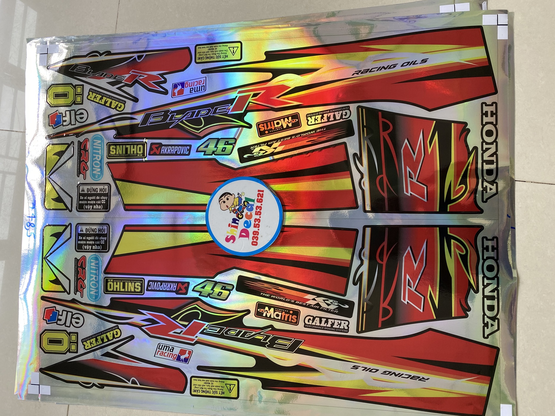 Tem xe wave blade 110 chữ R đỏ đen Crom titan 7 màu