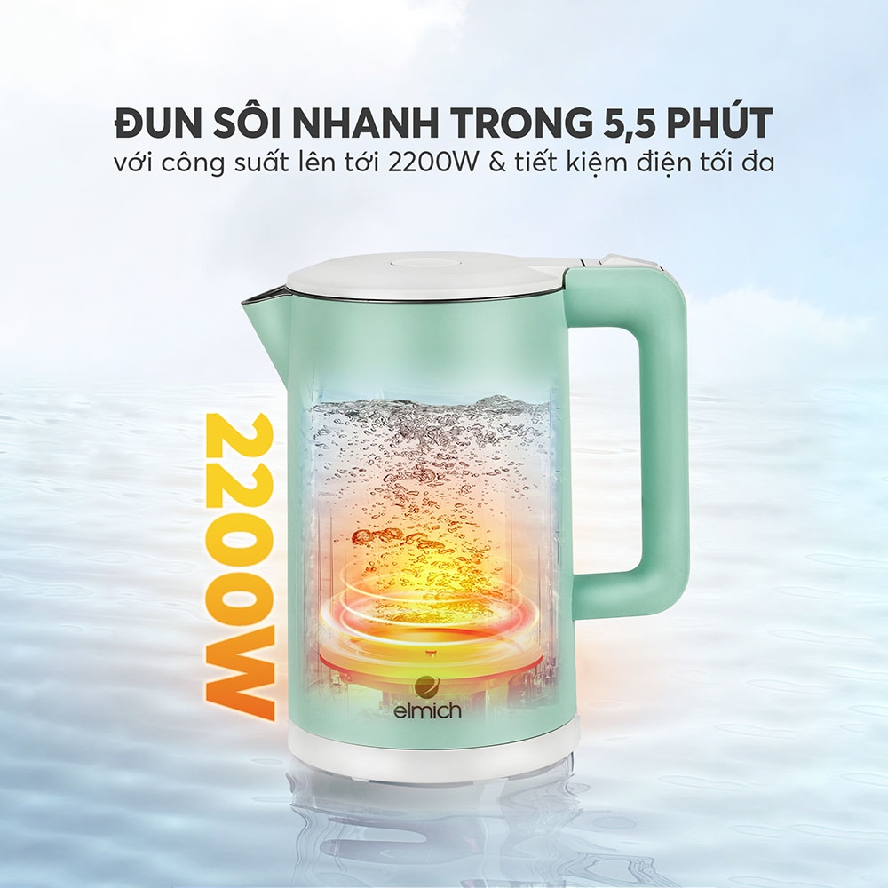 Ấm đun nước siêu tốc Elmich 1,7L KEE 1774 (Mầu Xanh Nhạt, Xanh Đậm, Hồng, Công suất 2.200W, Bảo hành 24 tháng)
