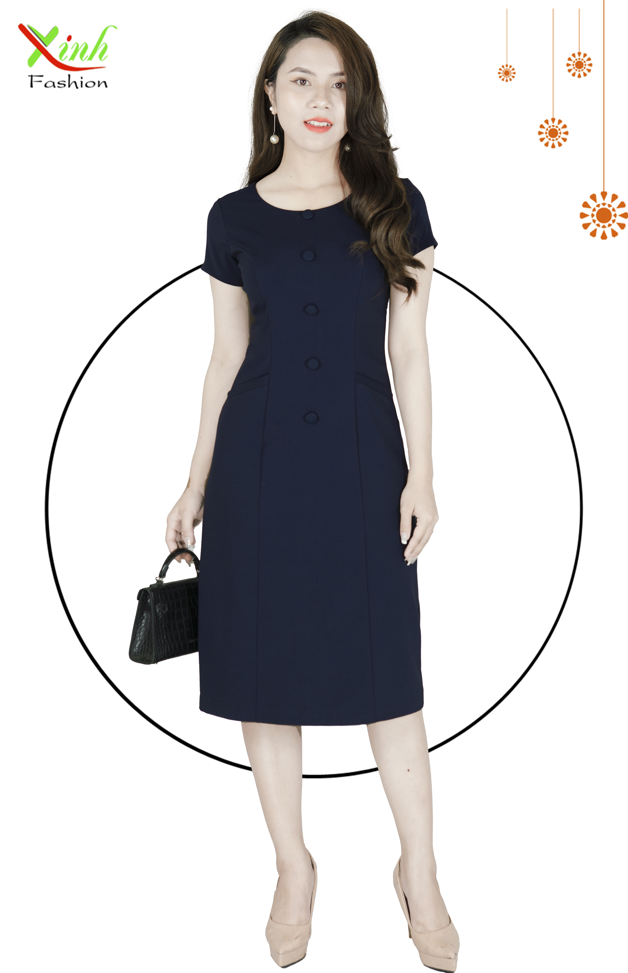 Đầm Suông Phối Cúc Xanh Đen DL776