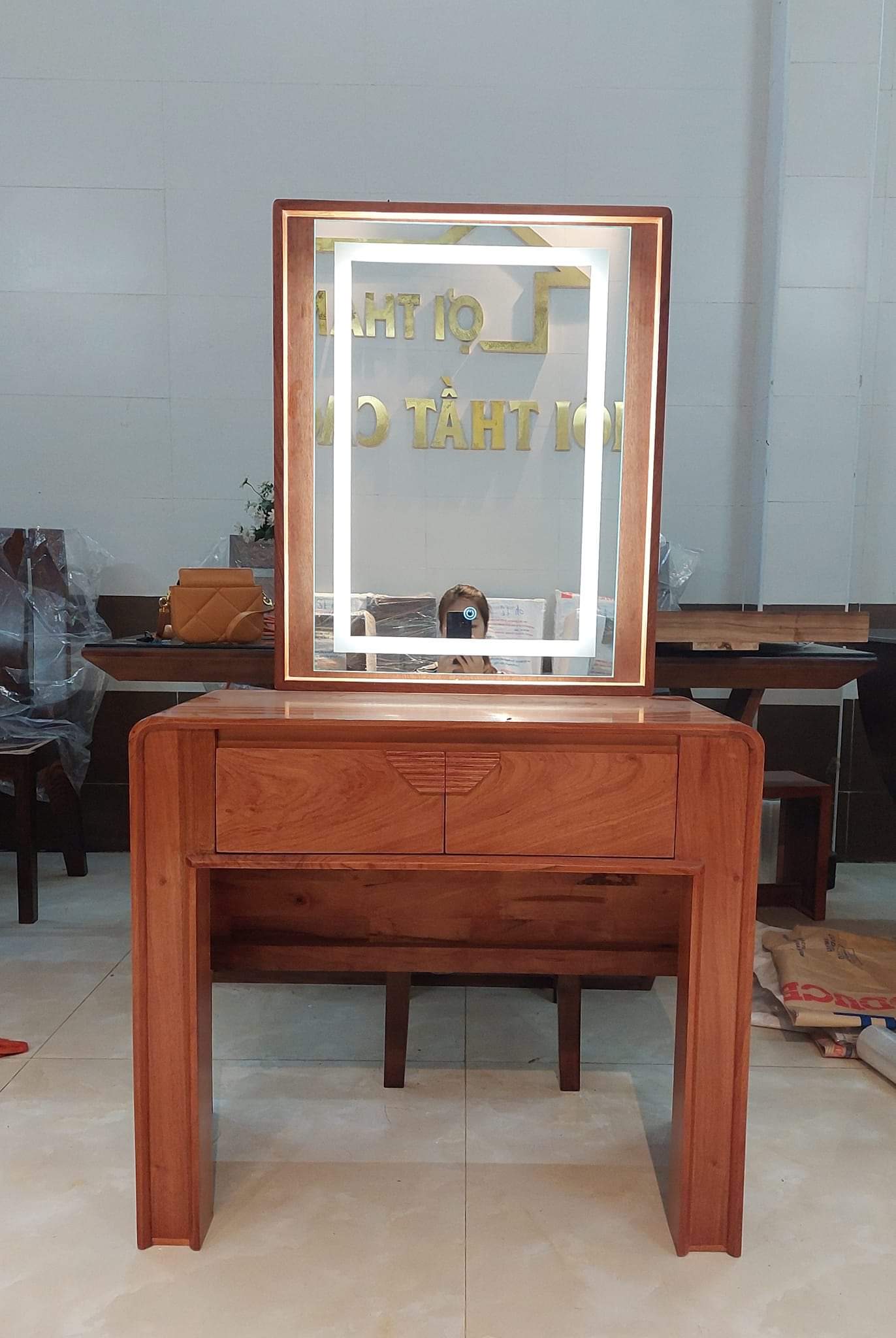 Bàn trang điểm gỗ hương đá, gỗ hương xám, gỗ xoan đào dài 80cm 2 ngăn kéo kèm ghế