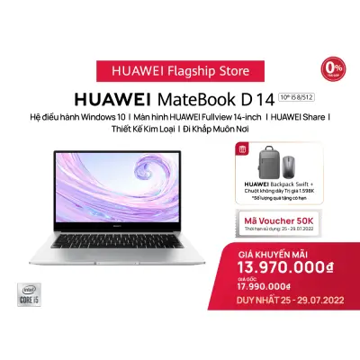 TRẢ GÓP 0% | Máy Tính Xách Tay HUAWEI MateBook D 14 i5 (8+512G) | Màn Hình HUAWEI FullView | Nút Nguồn Tích Hợp Khóa Vân Tay | Hợp Tác Đa Màn Hình | Góc Mở 180° | Hàng Phân Phối Chính Hãng