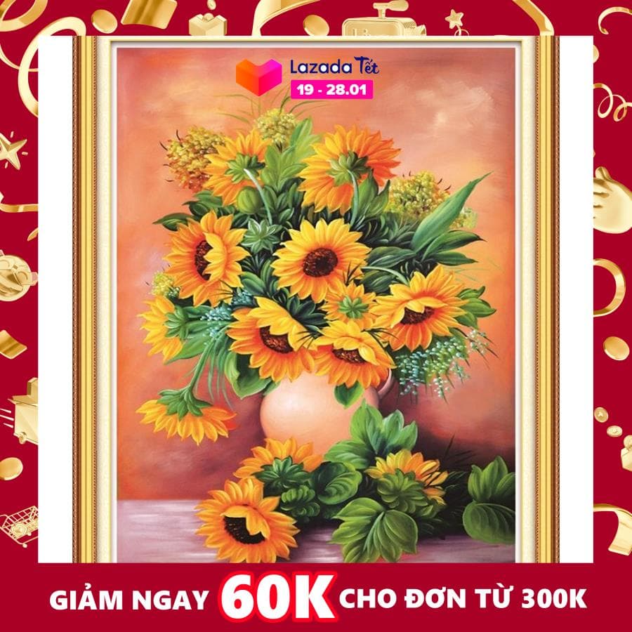 Tranh đính đá Bình hoa Hướng dương cao cấp -KT: 50x75Cm