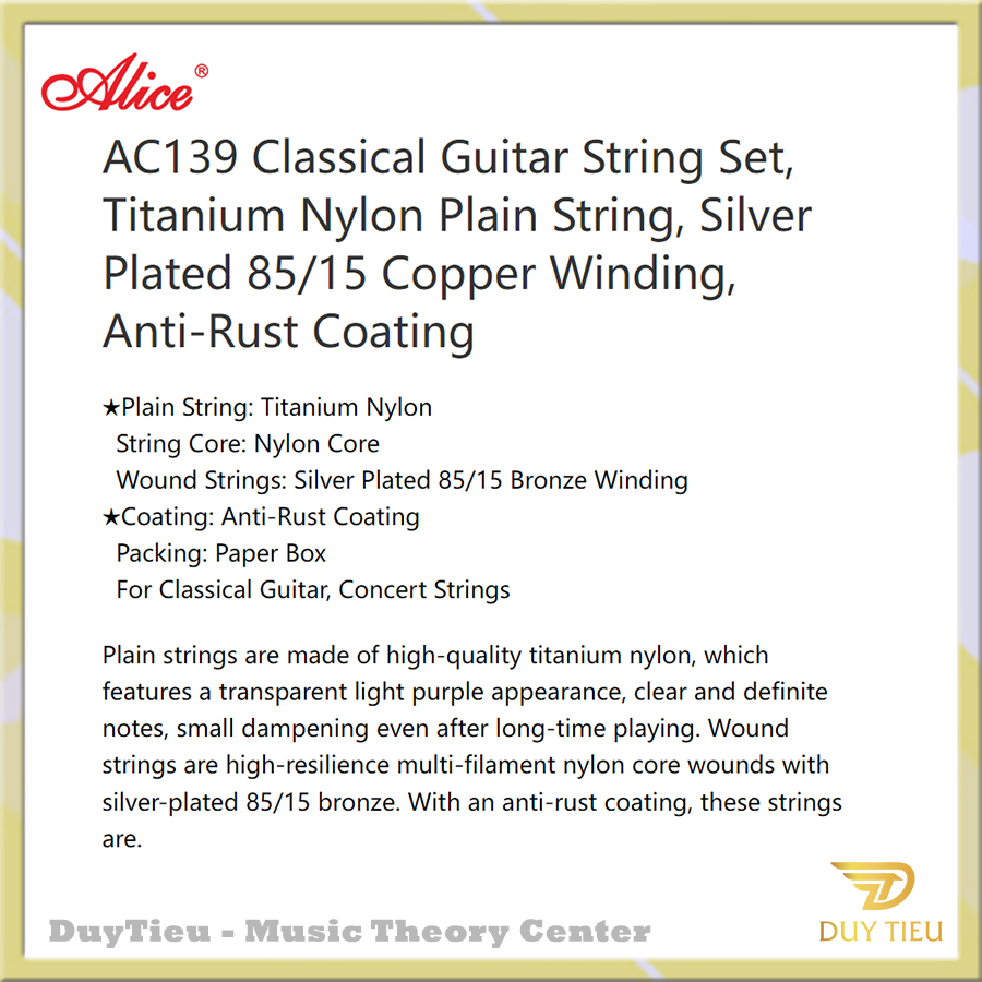 AC139 Classical Guitar String Set, Titanium Nylon Plain String, Silver Plated 85/15 Copper Winding, Anti-Rust Coating - DuytieuGuitar DT016