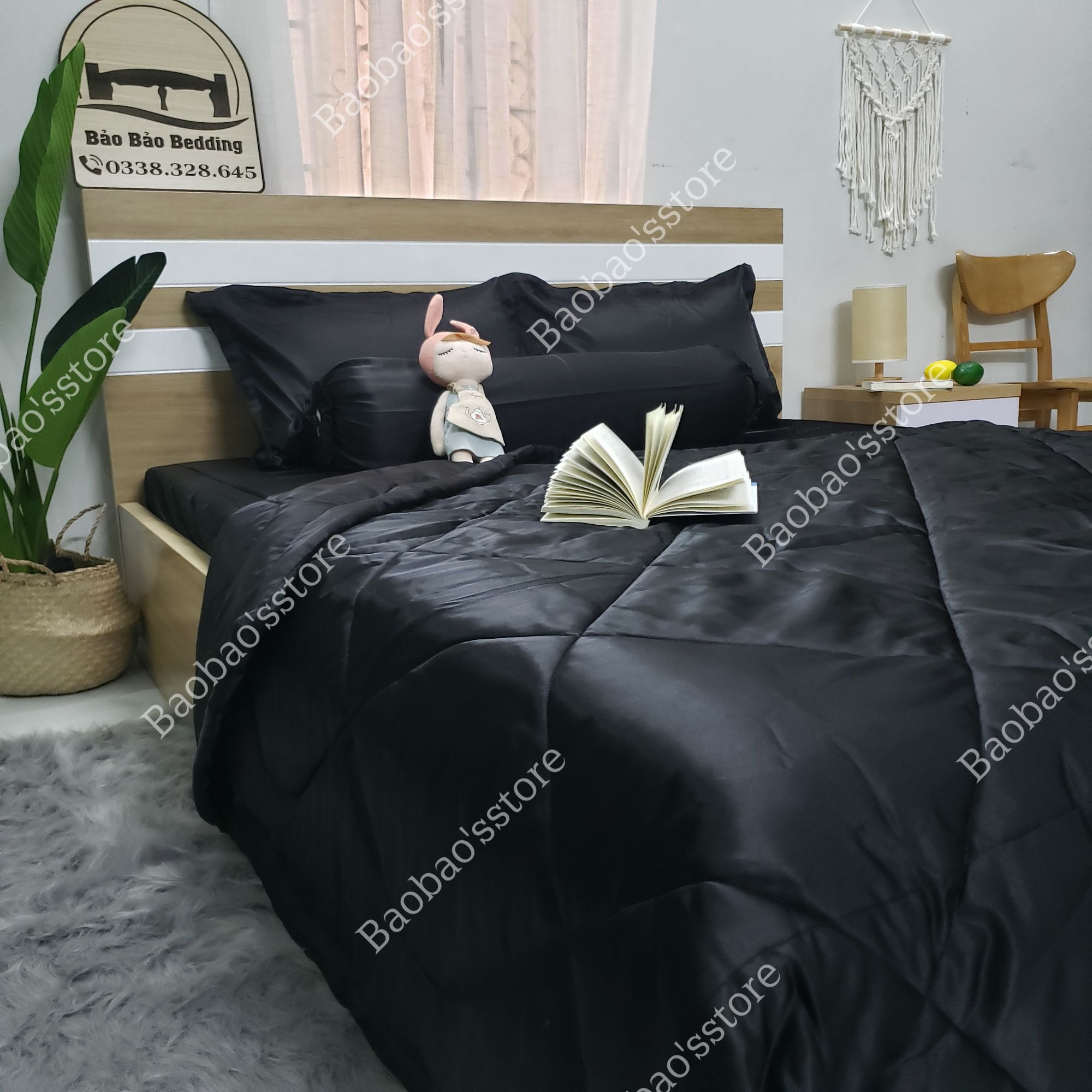Bộ chăn ga và vỏ gối phi lụa màu đen (drap phi lụa, ga giường phi lụa)