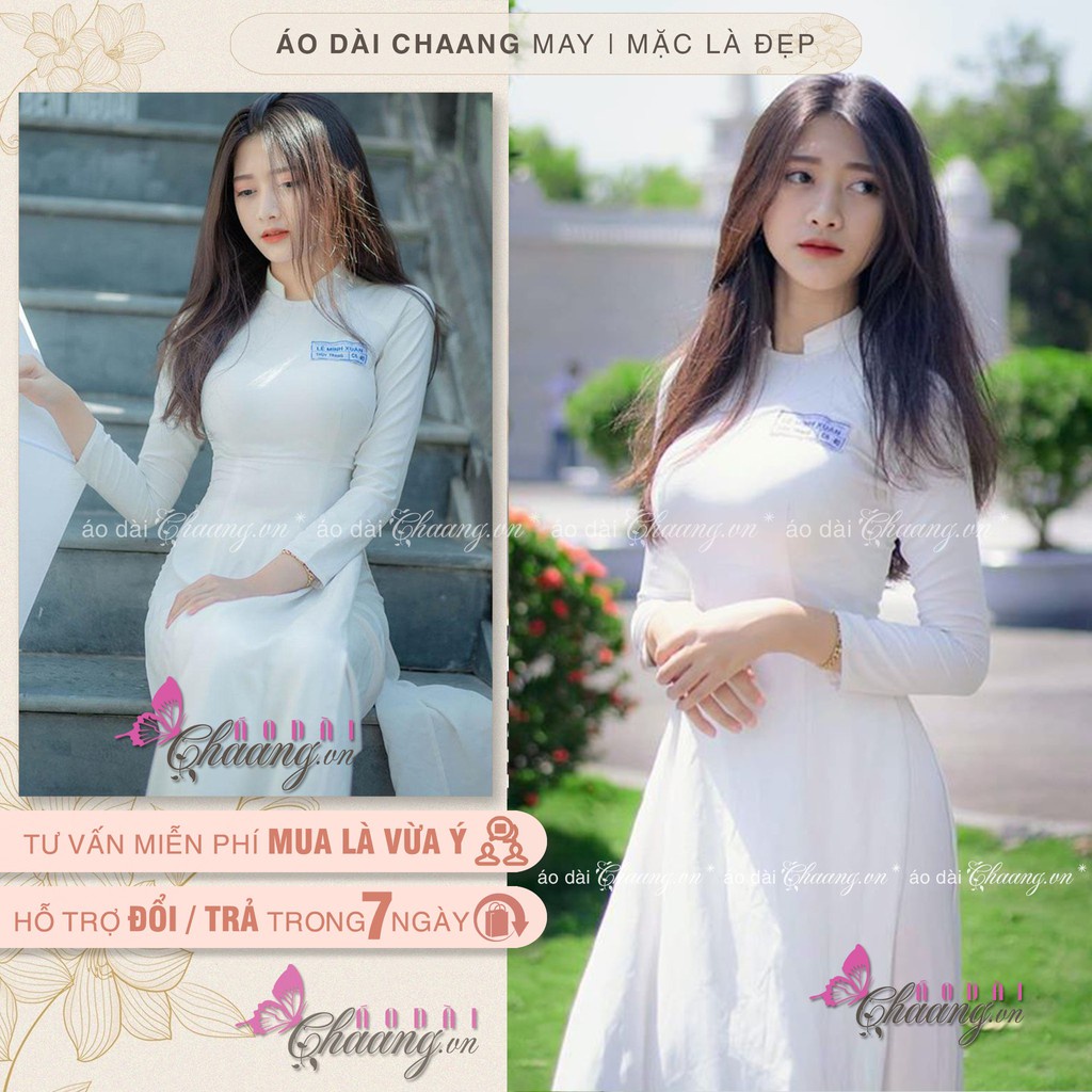 Áo dài Trắng Học Sinh đi học may sẵn - Áo dài nữ cổ vuông hở 2 tà lụa Mỹ - Áo dài truyền thống ADHS03