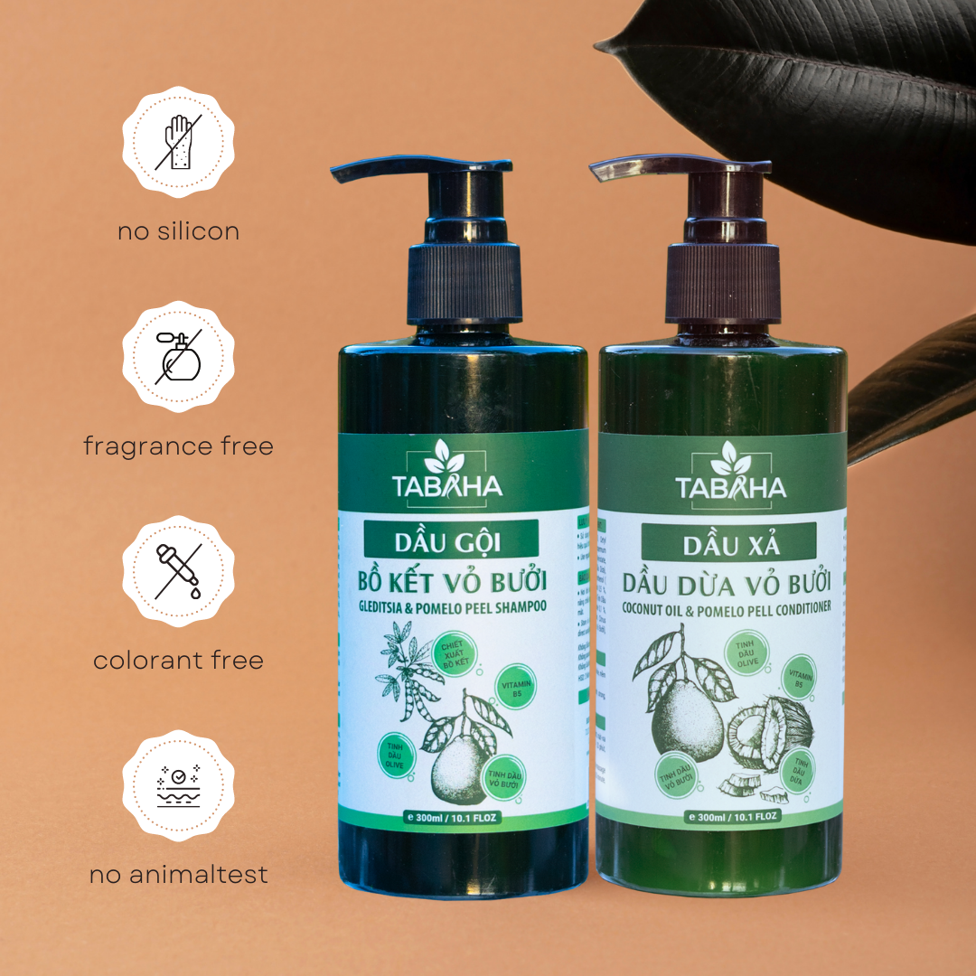 Bộ đôi Dầu Gội Xả thảo dược thiên nhiên TaBaHa từ bồ kết, vỏ bưởi, dầu dừa, olive... giảm rụng phục hồi tóc 300ml X 2 chai