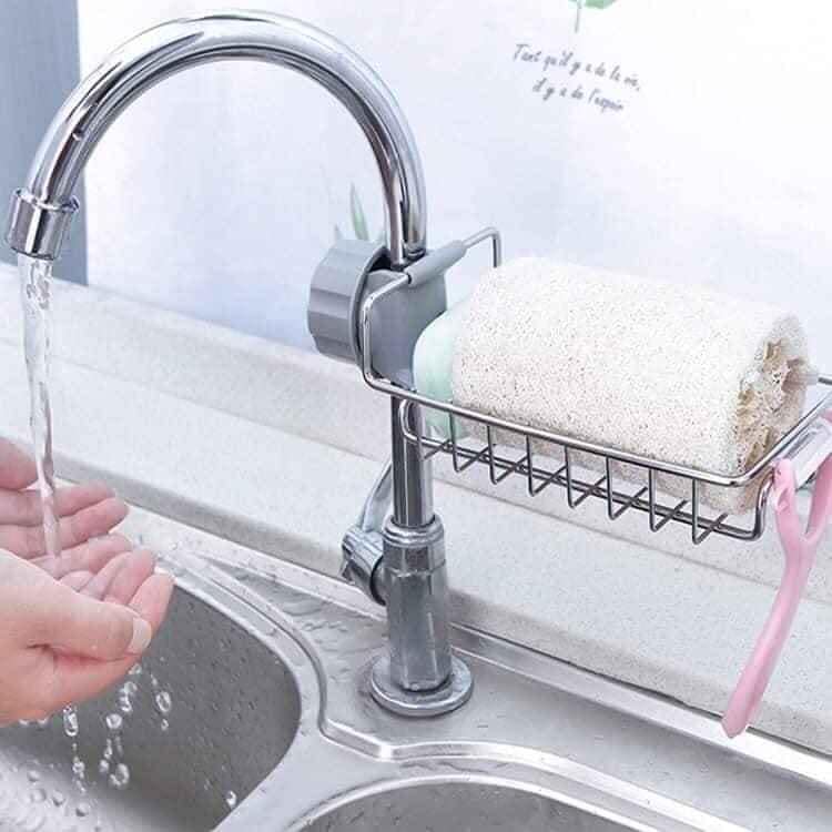 [khobuonhuonghuong] Giá mạ inox đựng lưới rửa bát, xà bông treo vòi nước bồn rửa bát, giá để miếng rửa chén bằng inox