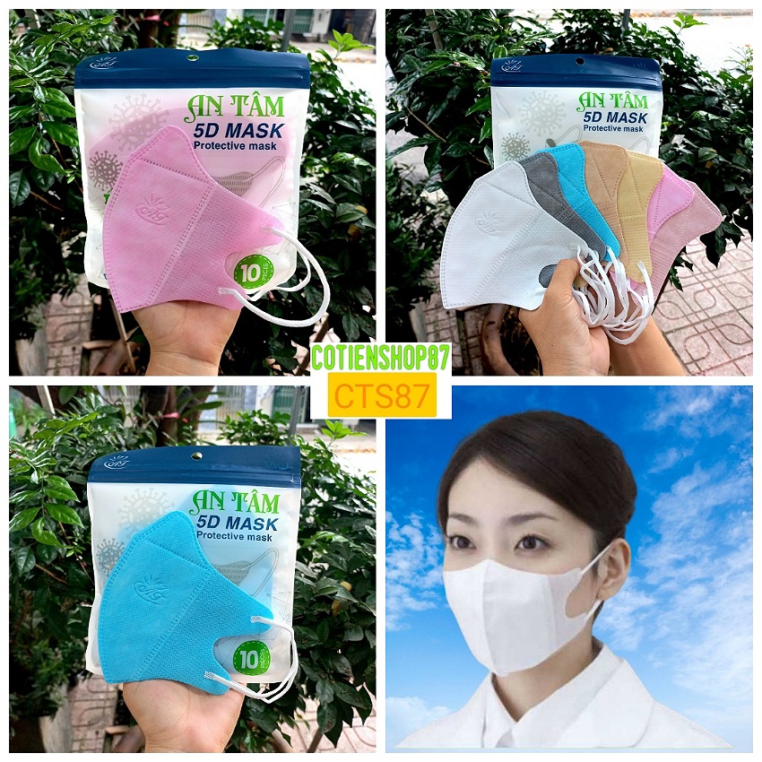 Khẩu trang 5D mask An Tâm, túi 10 cái, 3 lớp vải kháng khuẩn