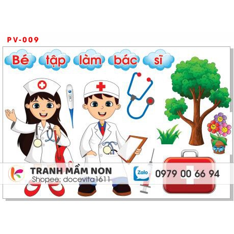 Decal mầm non-BÉ LÀM BÁC SĨ (GÓC PHÂN VAI) khổ to 127x80