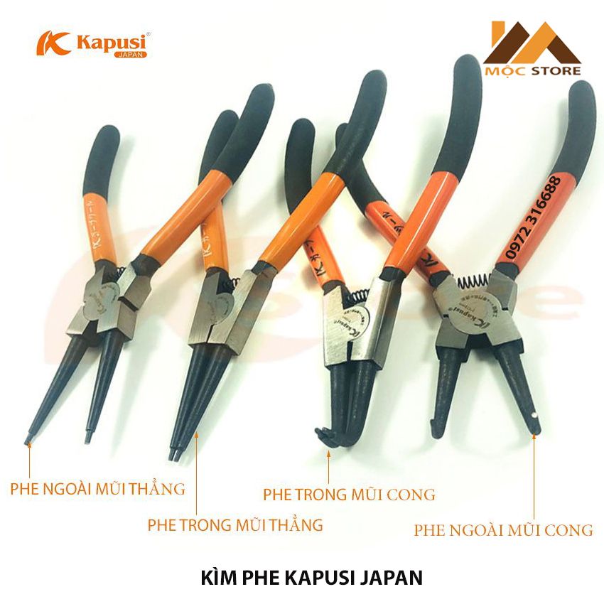 Bộ 4 kìm mở phe kapusi japan 9inch/225mm,kìm mở phe ngoài mũi thẳng, kìm mở phe trong mũi thẳng, kìm mở phe ngoài mũi cong, kìm mở phe trong mũi cong