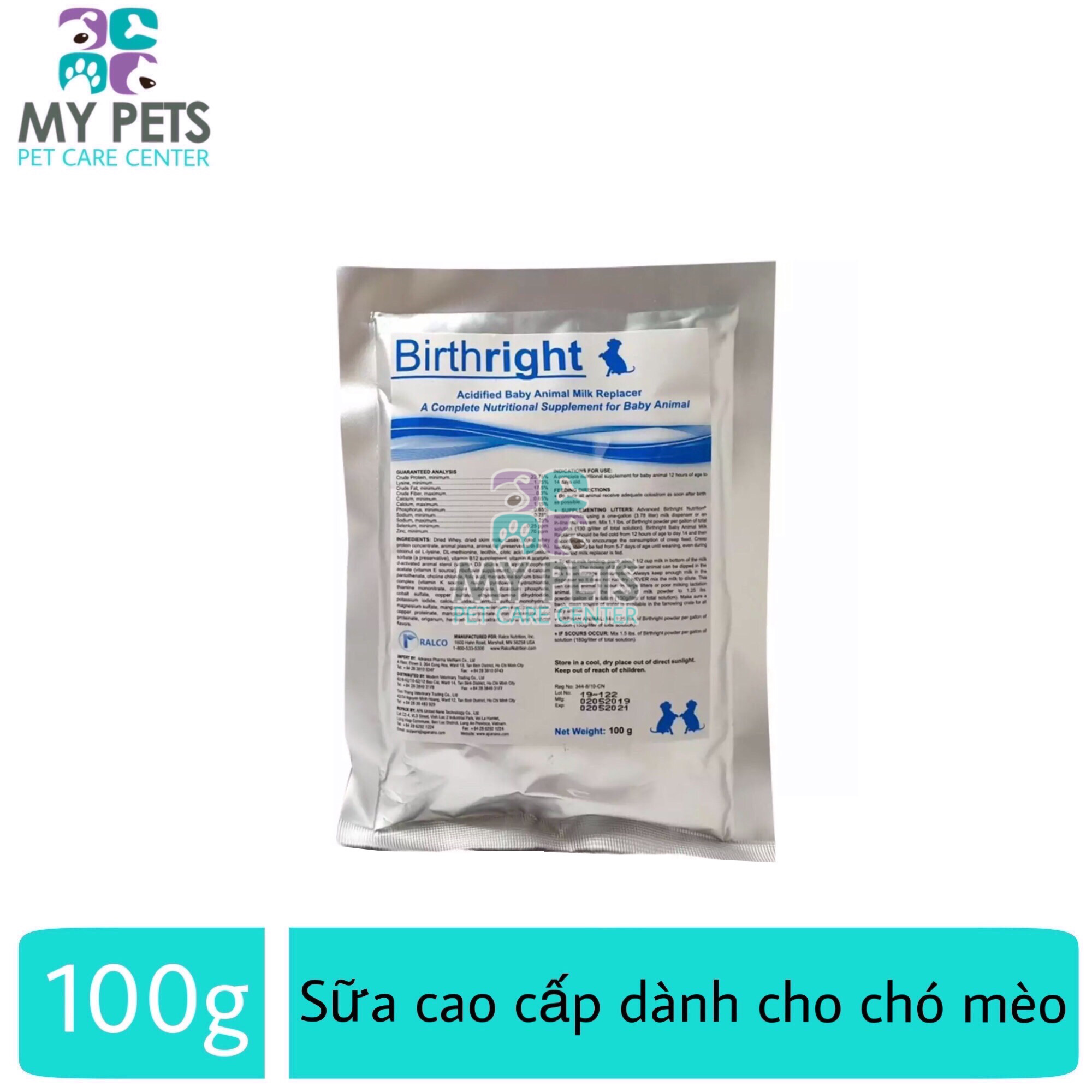 Sữa dinh dưỡng cao cấp cho chó mèo con - Sữa Birthright sản xuất tại Mỹ gói 100g