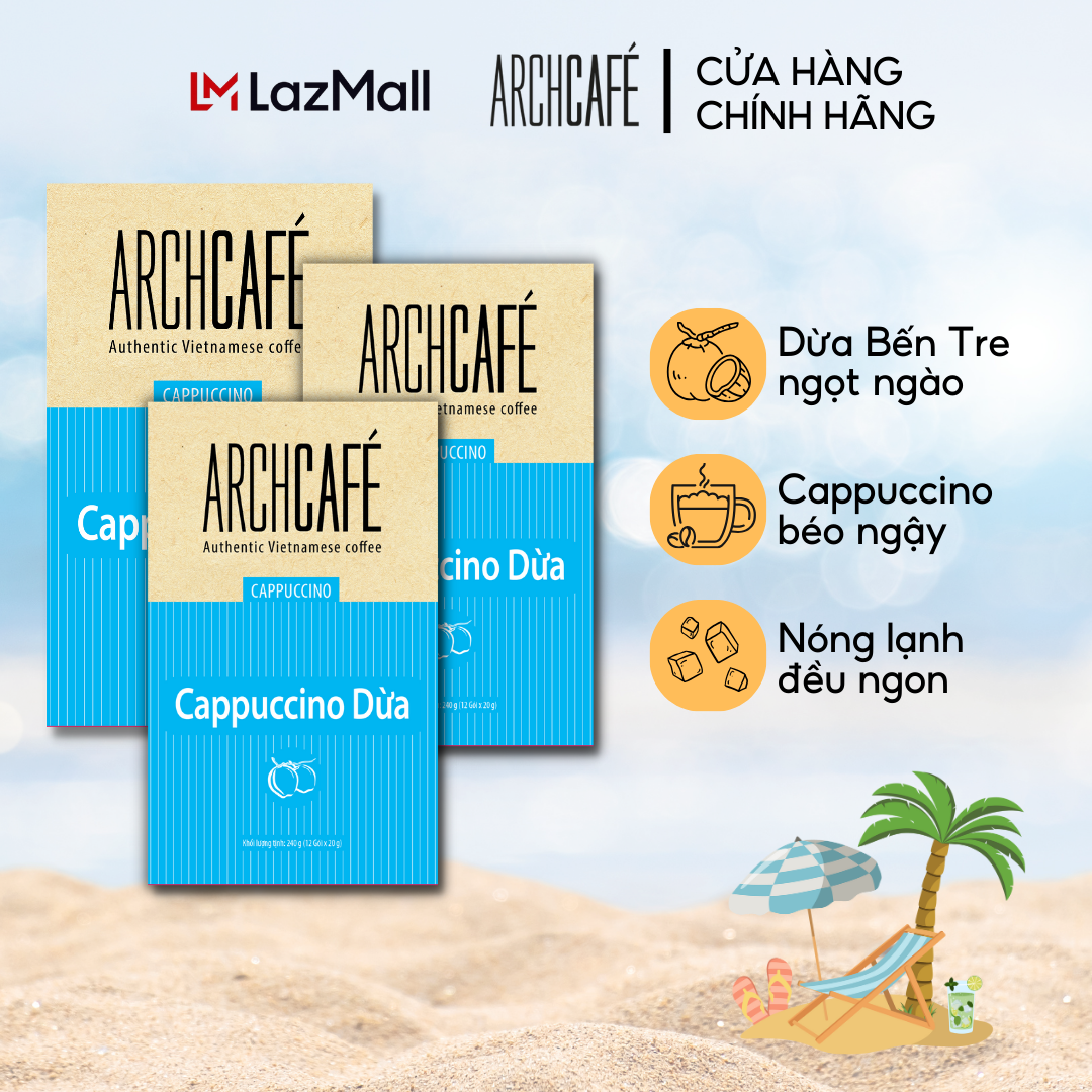 Combo 3 hộp Cappuccino Dừa - Cà phê hòa tan Archcafe (Hộp 12 gói x 20g)