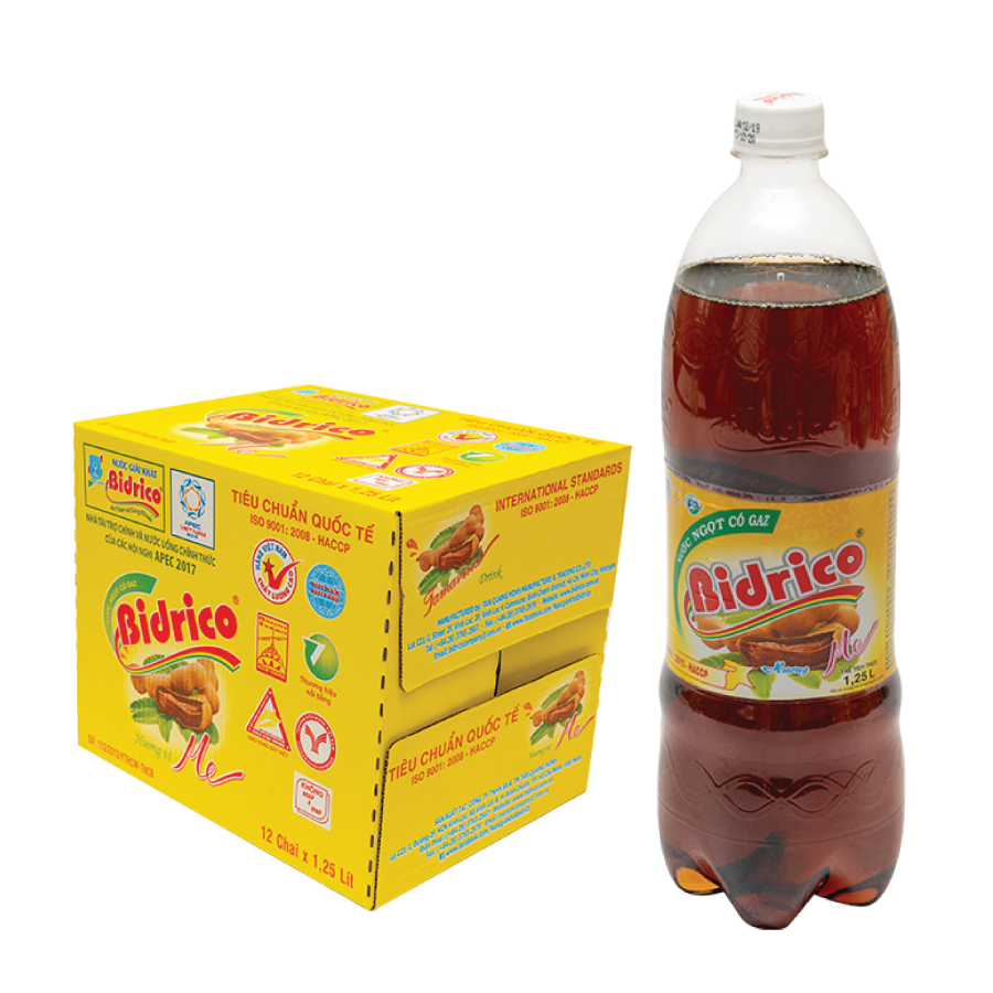 Thùng 12 chai Nước Ngọt Có Gaz Bidrico 1,25 Lít - Hương vị Me
